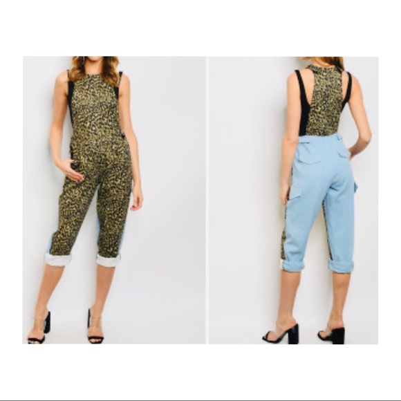 Denim Leopard & Baby Blue Overalls Jumper - Picture 1 of 5